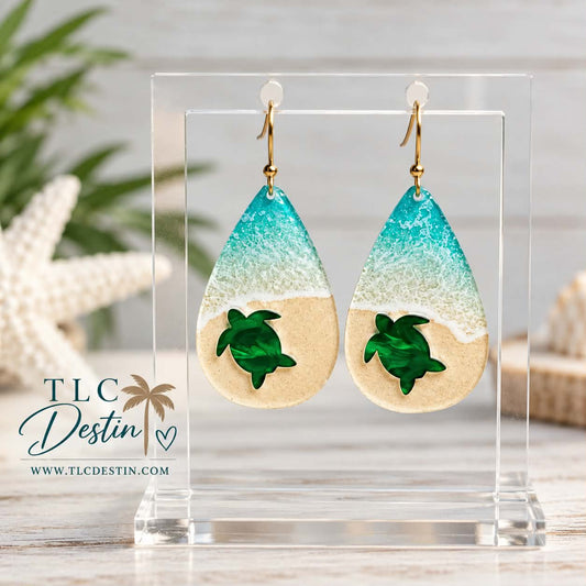 Turtle Beach Earrings – Coastal Ocean Wave & Sea Turtle or dolphin Jewelry