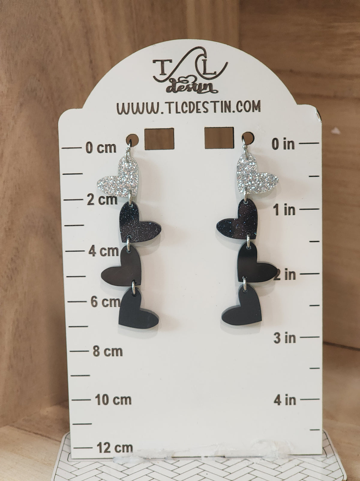Valentine Heart Earrings | Black & Glitter Acrylic Heart Dangle Earrings | Handmade Valentine’s Day Jewelry | Gift for Her