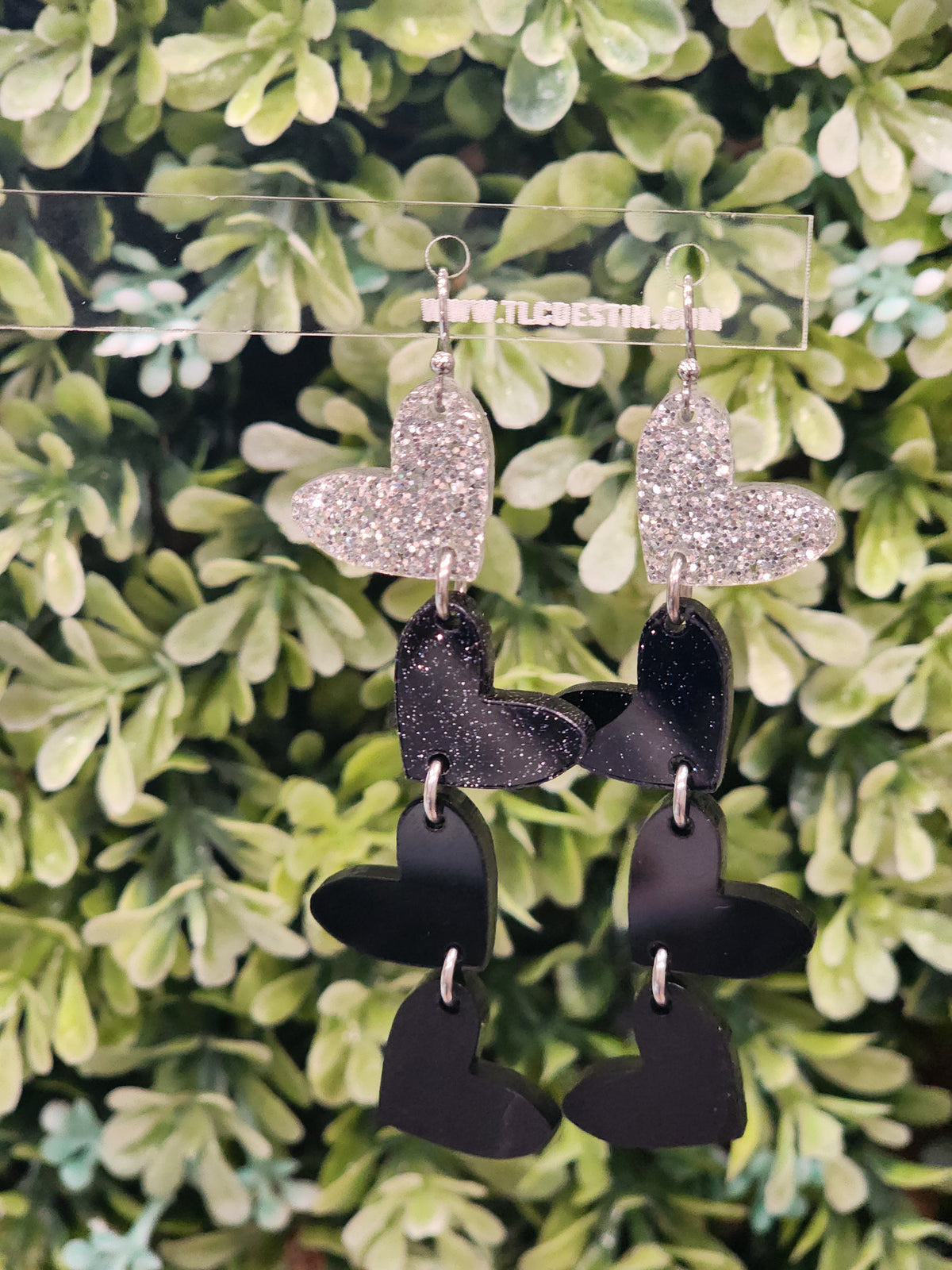 Valentine Heart Earrings | Black & Glitter Acrylic Heart Dangle Earrings | Handmade Valentine’s Day Jewelry | Gift for Her