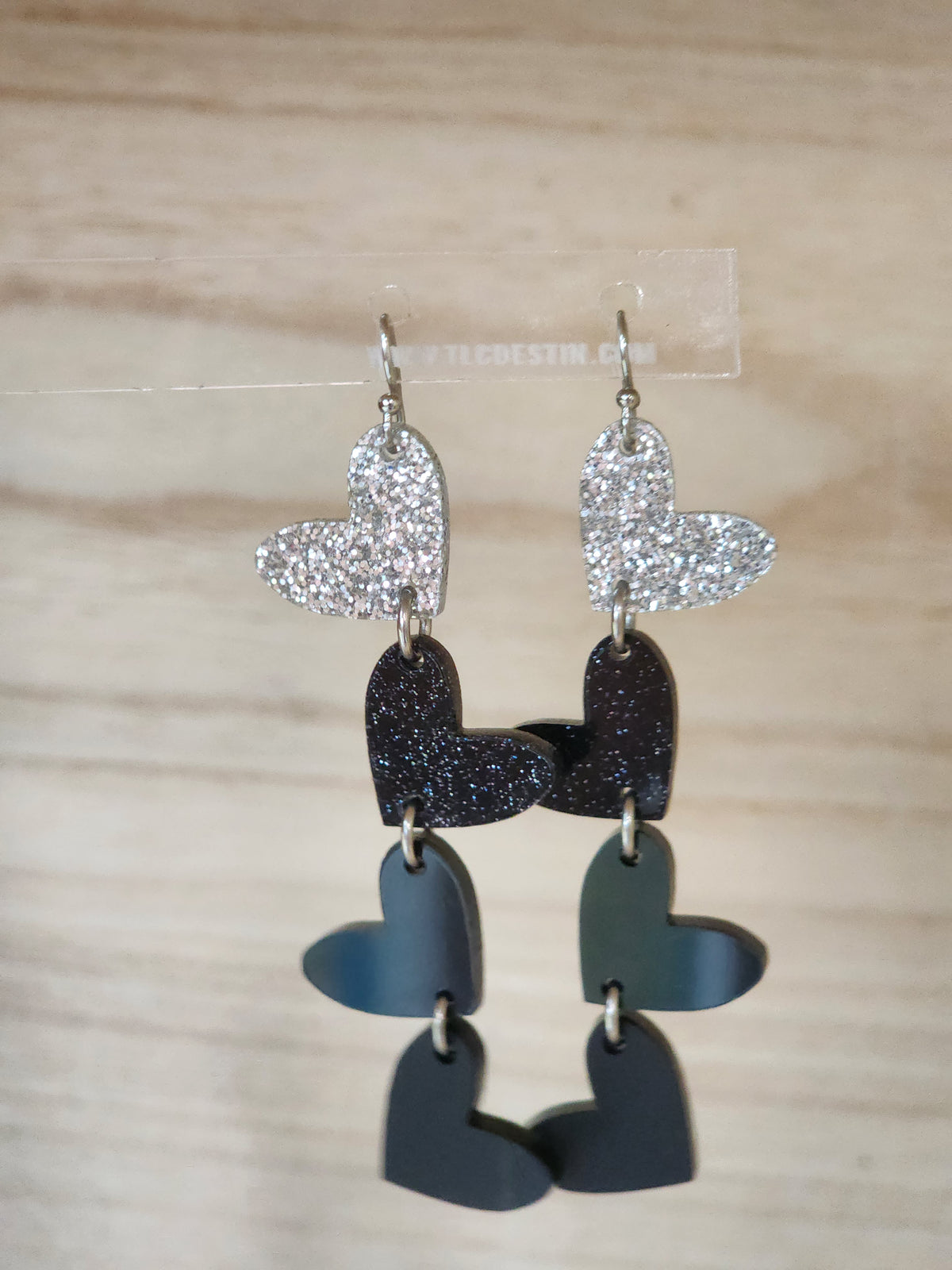 Valentine Heart Earrings | Black & Glitter Acrylic Heart Dangle Earrings | Handmade Valentine’s Day Jewelry | Gift for Her